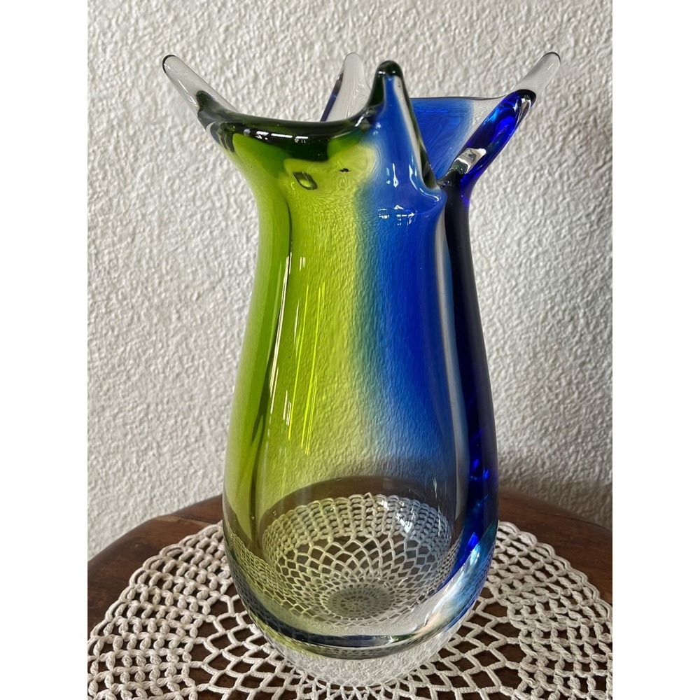 Murano Sommerso Art Glass Vase Blue Green Clear Mid Century Modern 9.5"